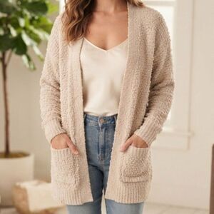 Bobeau Sweater Small Womens Cream Popcorn Knit Cardigan Open Front Draped Pocket